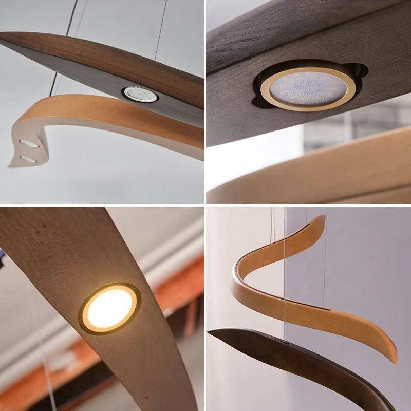 Four close-up views showcase the Spiral Wood Pendant Light, a modern fixture made from curved wood with built-in circular LED lights, suspended by thin wires to highlight the beauty of organic modern lighting.