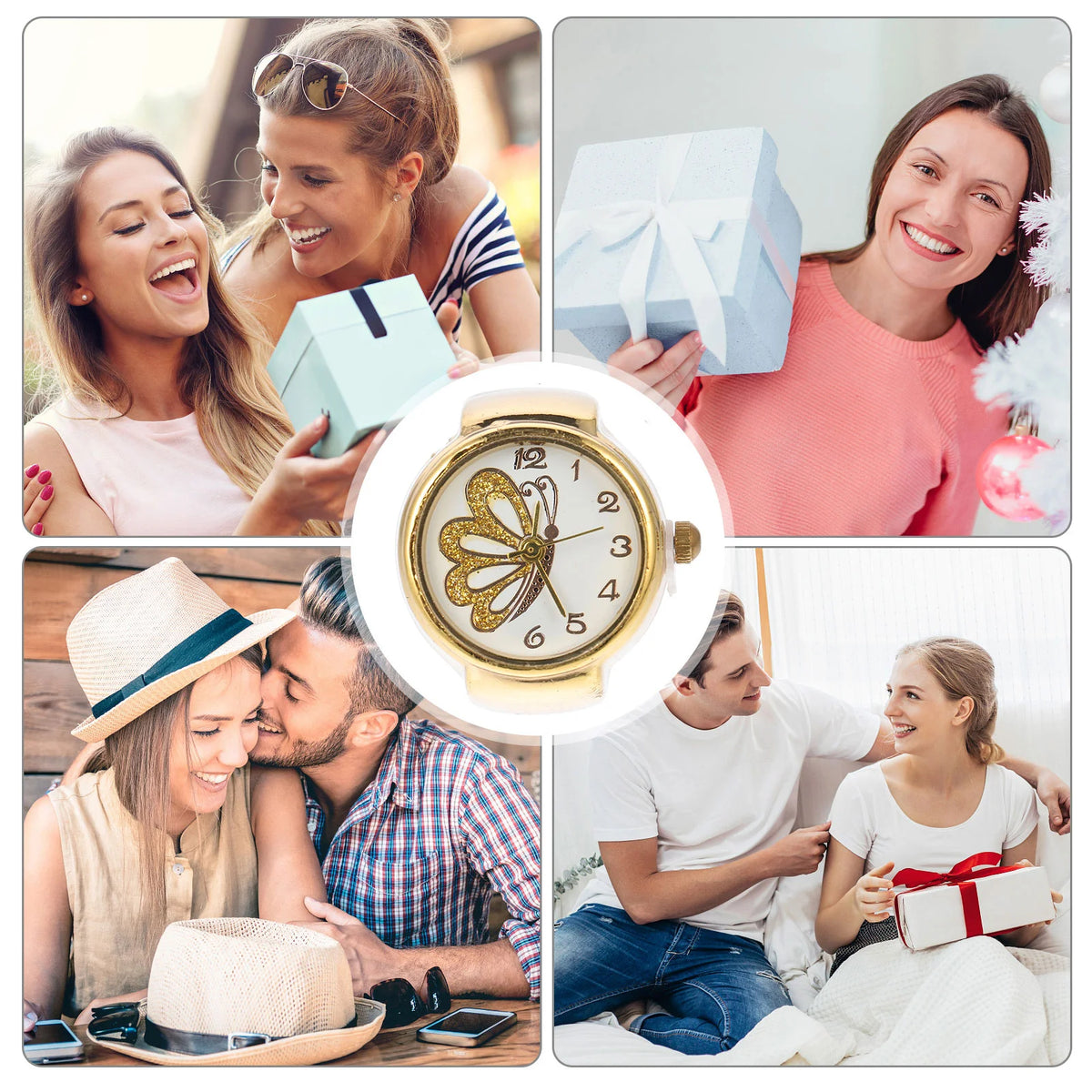A collage of four photos features people exchanging gifts and, at the center, the Butterfly Ring Watch—a round gold ring with a butterfly design on the face—an elegant jewelry piece ideal for special occasions.