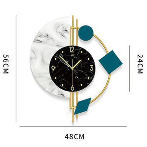 The Modernist Constellation Accent Clock features a black marble-patterned face, gold hands and accents, geometric blue shapes, and measures 56 cm by 48 cm—an eye-catching modern wall clock for your space.
