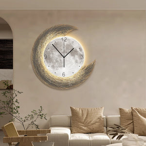 The Concentric Orbit Minimalist Wall Clock hangs above a beige sofa with matching cushions, providing striking statement lighting and a modern touch to the contemporary living room.