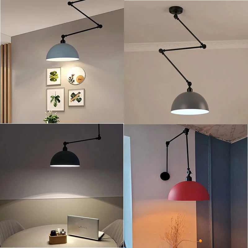 Four images featuring the Zig Zag Pendant Light, showcasing modern adjustable ceiling lamps in blue, gray, and red. With a sleek industrial design and an adaptable arm system, these lamps seamlessly complement varied room settings and decor.