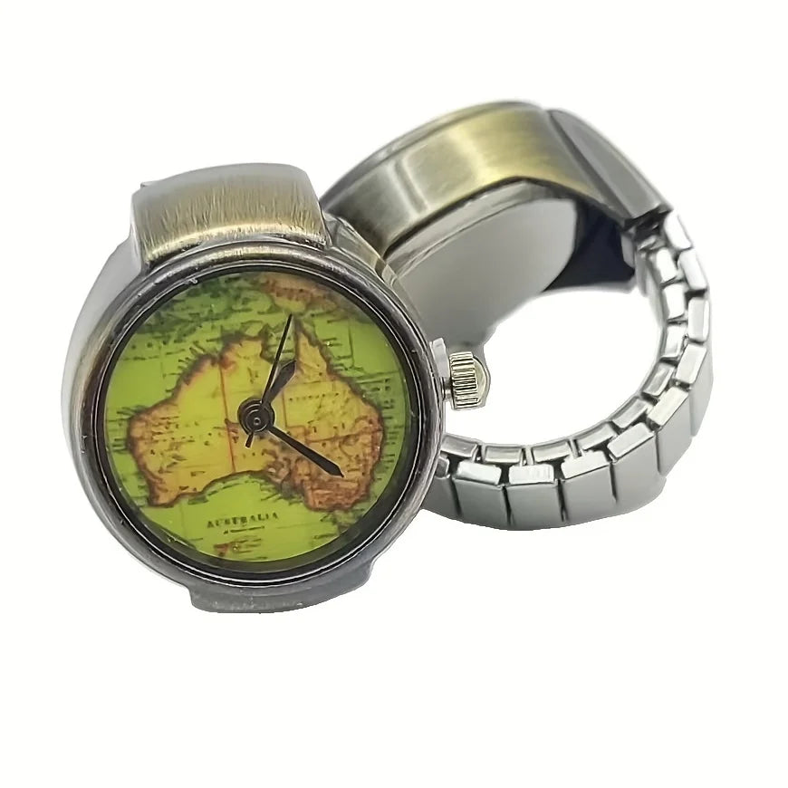The Retro Aussie Ring Watch features a map of Australia on its face, a metal case, and a silver expandable band, showcased against a white background.
