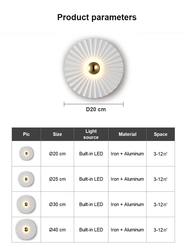 Image showing specifications of the Origami Circle Wall Light, a round LED wall light with built-in LED, available in four sizes (20-40 cm), made of iron and aluminum, ideal for 3-12㎡ spaces and perfect for modern interiors.