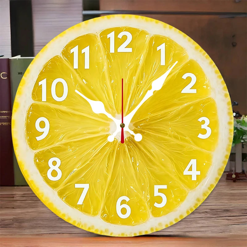 Lemon-Themed Wooden Round Silent Hanging Wall Clock, Suitable For Living Room, Office, Study Room, Bedroom, Home Decoration - image 1