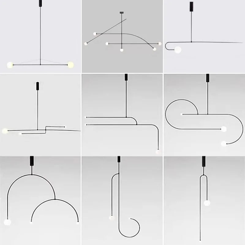 A 3x3 grid of Minimalist Line Light designs highlights a sleek mounting system with thin black lines and round bulb tips set against a plain gray background.