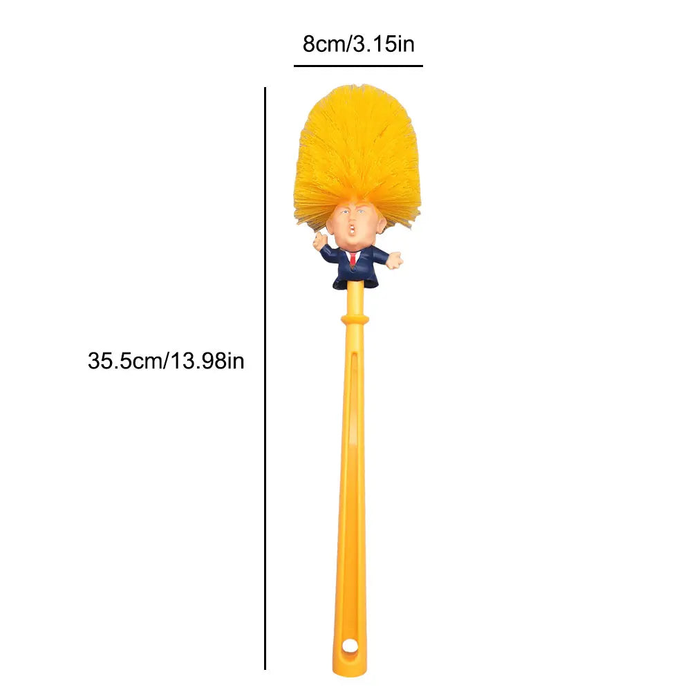The Trump Tidy Toilet Brush features a yellow handle and bristles shaped like Trump's head in a suit, measures 35.5 cm by 8 cm, and is a perfect novelty bathroom accessory or gag gift.