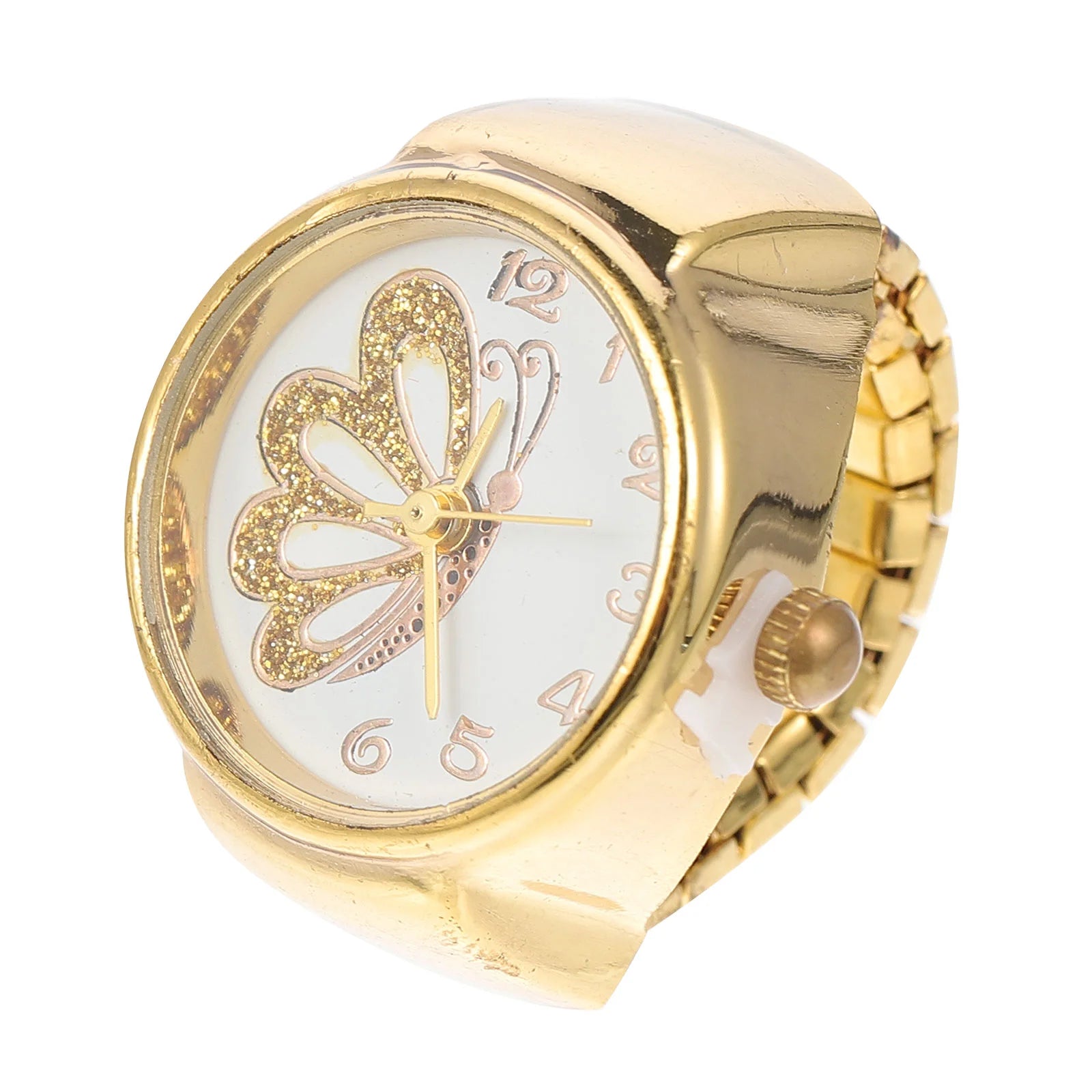 The Butterfly Ring Watch features a gold band and a golden butterfly design with glitter accents on the face, all set against a white background for an elegant touch.