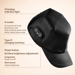 Side view of heated cap for hair growth showing Type-C charging port, power button, Hz mode button, four therapy modes, and three brightness levels.