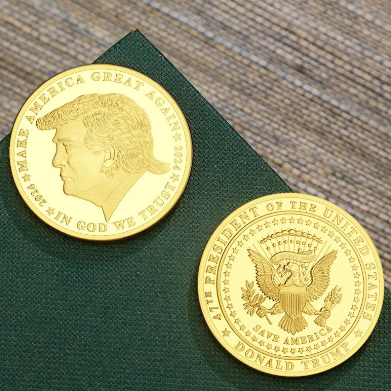 The Trump Commemorative Coin showcases Donald Trump's profile and the presidential seal with 2024 inscriptions, celebrating his presidency as part of the Save America Legacy Collection.