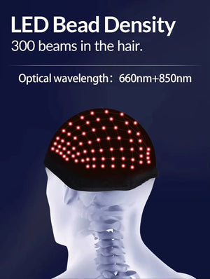 LED bead density chart for red light therapy cap reading 300 beams in the hair and optical wavelength 660nm plus 850nm on scalp model.