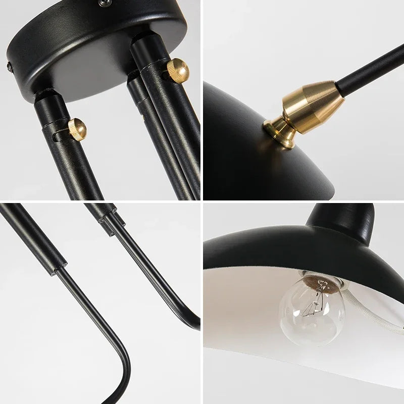 Get a close look at the Sleek Industrial Pendant Light, featuring intricate brass connections. Its design includes a dome-shaped shade, polished base with knobs, detailed rods, and a visible bulb.