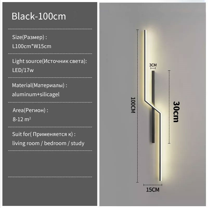 Minimalist Wall Sconce, measuring 100cm x 15cm, features LED lighting and is crafted from aluminum and silicone—perfect for 8-12 m² spaces like living rooms, bedrooms, or studies.