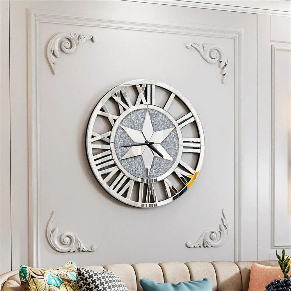 The Astral Chic Roman Wall Clock, featuring a silvery finish with Roman numerals and a star design, is mounted on an ornate light wall above a beige tufted sofa.