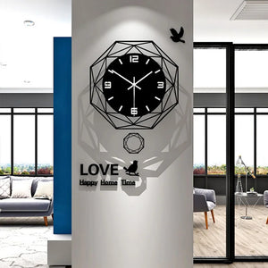 In a modern living room with minimalist decor and large windows, the Minimalist Polygon Wall Clock with a geometric design complements the word "LOVE" alongside the phrase "Happy Home Time.