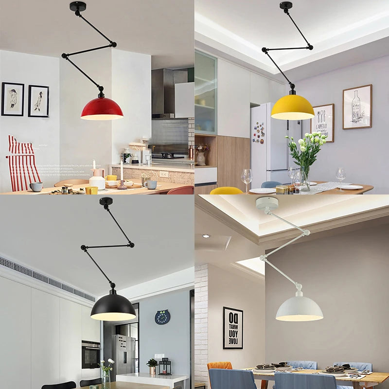 Four interiors feature Zig Zag Pendant Lights with an industrial design. The adjustable arm system allows these ceiling-mounted lamps, with red, yellow, black, and white shades, to illuminate diverse dining and living rooms perfectly.