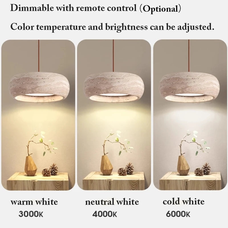 Three Natural Stone Pendant Lights are shown above a table, each with adjustable brightness and different color temperatures—warm white (3000K), neutral white (4000K), and cold white (6000K)—to create a customizable natural stone lighting ambiance.