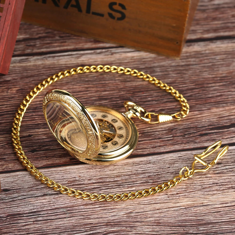 The Premium Golden Pocket Watch, featuring a skeleton dial and golden chain, rests elegantly on a wooden surface, showcasing its intricate clock face.