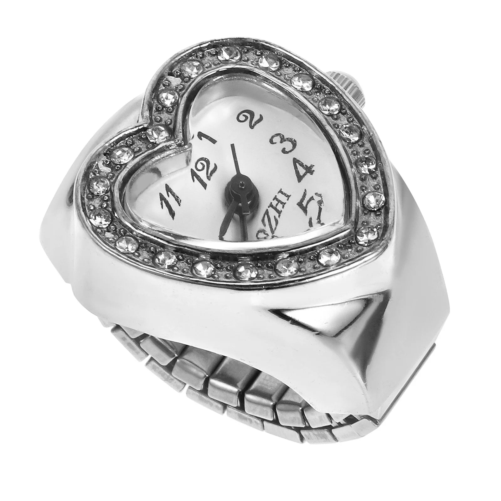 A romantic accessory, the Sweetheart Ring Watch features a silver heart-shaped face with rhinestones, black numerals, and a stretchy metal band—ideal for lovers of rhinestone jewelry.