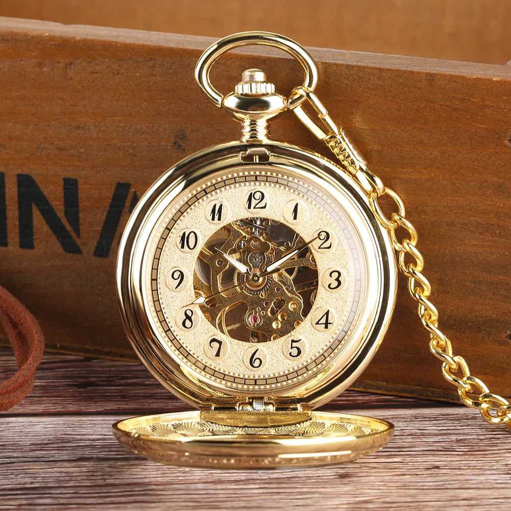 The Premium Golden Pocket Watch, featuring a skeleton dial, Roman numerals, and a golden chain, rests open on a wooden surface.