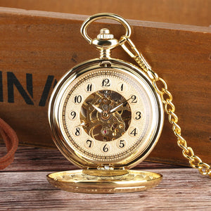The Premium Golden Pocket Watch, featuring a skeleton dial, Roman numerals, and a golden chain, rests open on a wooden surface.