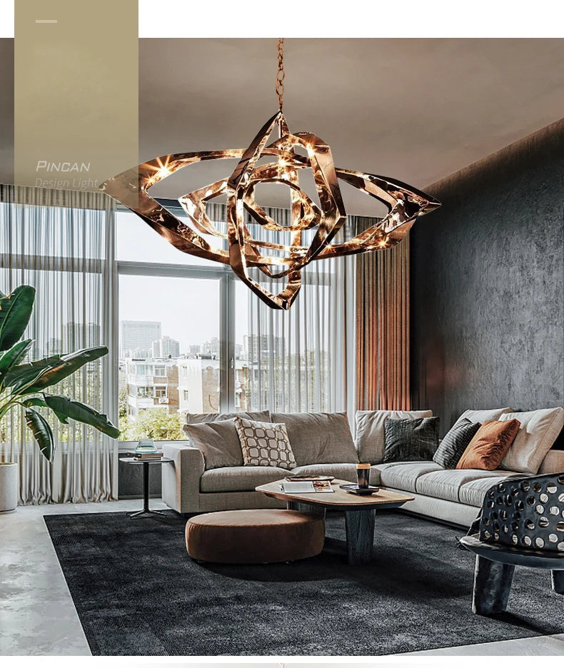 Modern living room with the Elegant Industrial Gallery Pendant as a striking sculptural light fixture, neutral-toned sectional sofa with cushions, round coffee table, pouf, dark rug, and floor-to-ceiling windows framing a stunning city view.