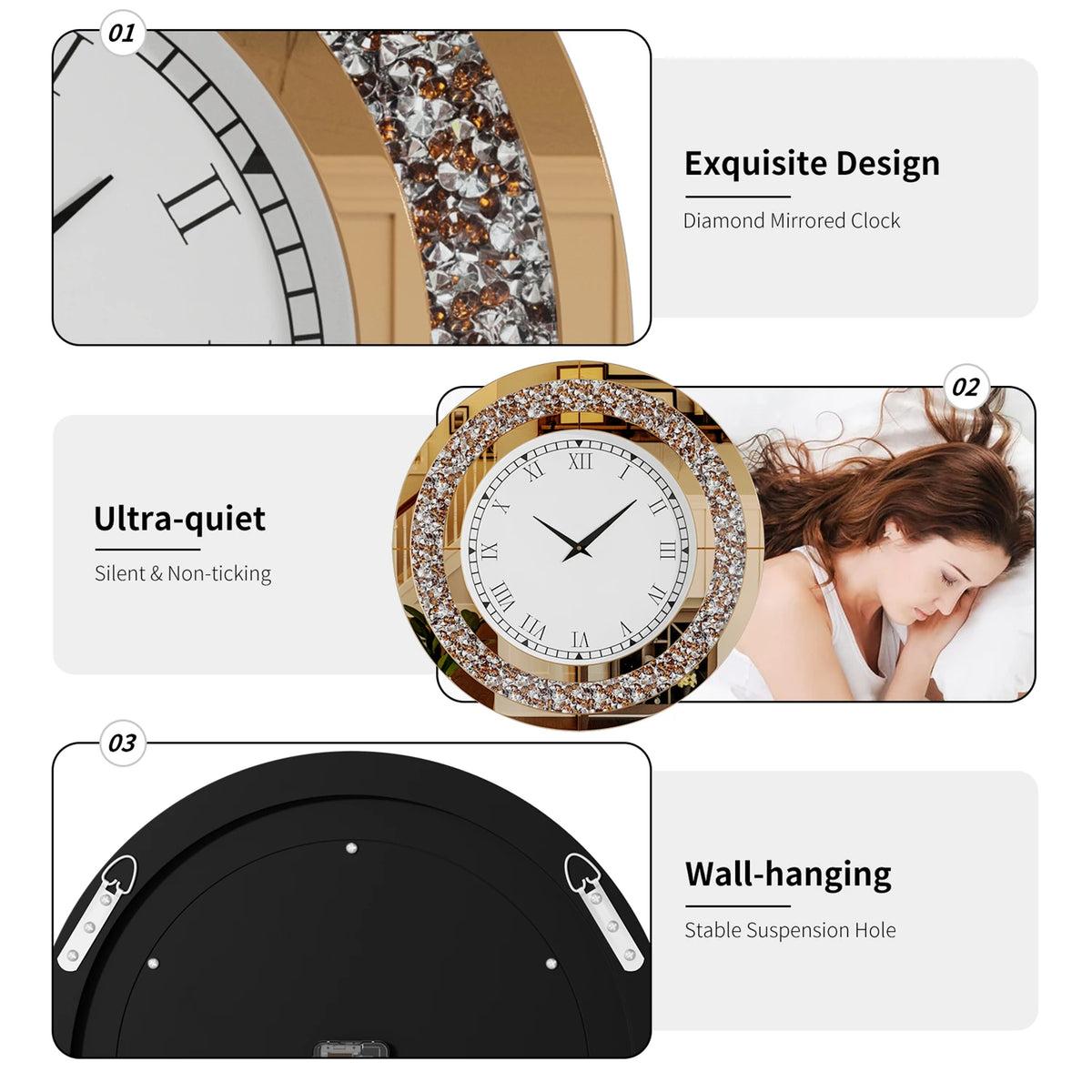 The collage showcases the Modern Luxury Roman Numerals Wall Clock: a diamond-mirrored close-up, its silent function by a sleeping woman, and the back with wall-hanging holes—emphasizing design, quiet operation, and easy hanging.