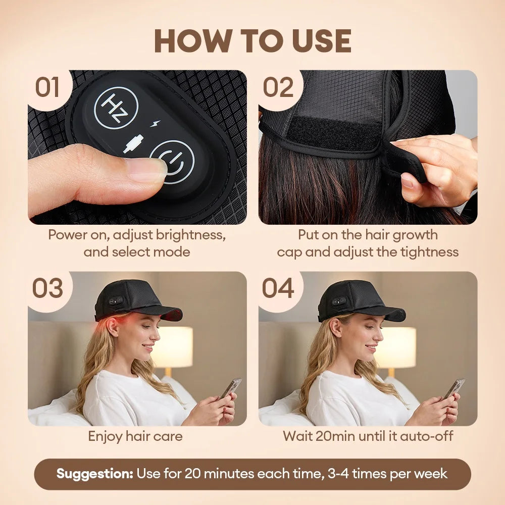 How to use heated cap for hair growth: power on and select mode, adjust fit, enjoy red light scalp care, auto-off after 20 minutes.