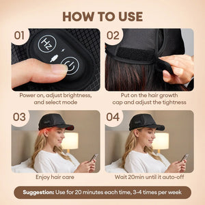 How to use heated cap for hair growth: power on and select mode, adjust fit, enjoy red light scalp care, auto-off after 20 minutes.