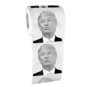 Trump Toilet Paper features repeated black and white images of Trump's pouty face, making it the perfect gag gift or novelty item for fans of satirical toilet paper.