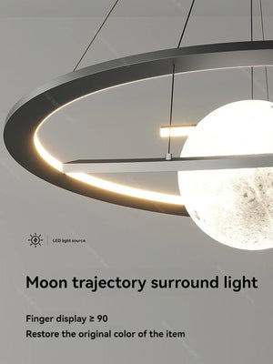 Sleek circular light fixture featuring a moon-like globe and advanced LED technology with a CRI of ≥ 90, accurately restoring the original color of objects. "Moon Trajectory Pendant Light" is displayed on the packaging.