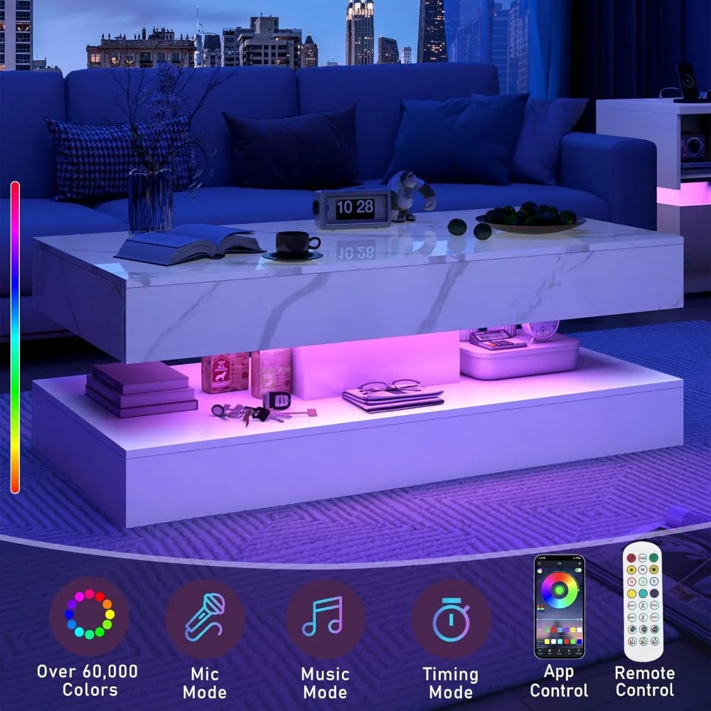 Modern living room with a Premium Coffee Table in marble-gloss finish, featuring built-in LED lights. Remote, smartphone app, and various lighting modes are displayed at the bottom of the image.
