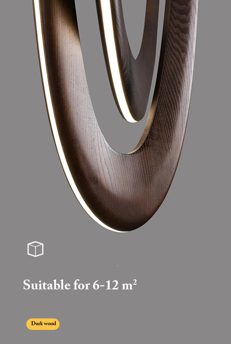 Close-up of the Double Curve Wood Pendant Light, a modern circular wood fixture set against a gray background, with text noting it’s ideal for spaces measuring 6–12 m².