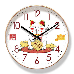 The Cartoon Cat Wall Clock features black numbers and hands, a maneki-neko (beckoning cat) illustration, and gold ingots—ideal as a lucky charm decor piece for any room.