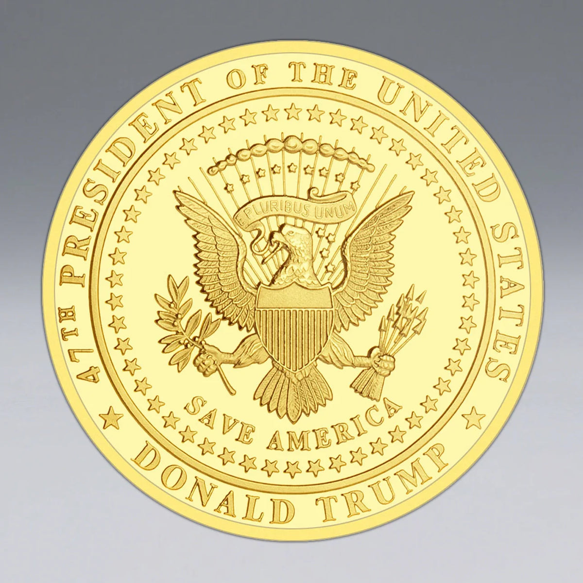 The Trump Commemorative Coin features a gold design with the U.S. presidential seal and inscriptions: "47th President of the United States," "Save America," and "Donald Trump" from the Save America Legacy Collection.