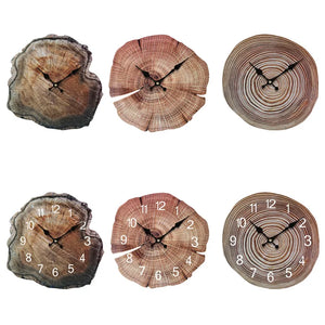 Six Wooden Grain Wall Clocks, each resembling a tree cross-section, showcase modern design with distinct hand placements and intricate features.