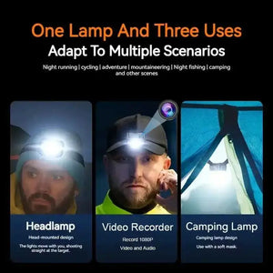 Discover the ultimate hands-free experience with the Rechargeable Headlamp SpyCam, featuring three versatile uses: ideal for night running, capturing thrilling adventures with its HD 1080P camera, and effortlessly illuminating your campsite.