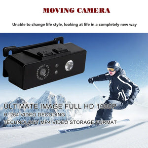 A skier is descending a snowy slope, and an advertisement for the Rechargeable Headlamp SpyCam features prominently, highlighting its Full HD 1080P resolution and H.264 video decoding.