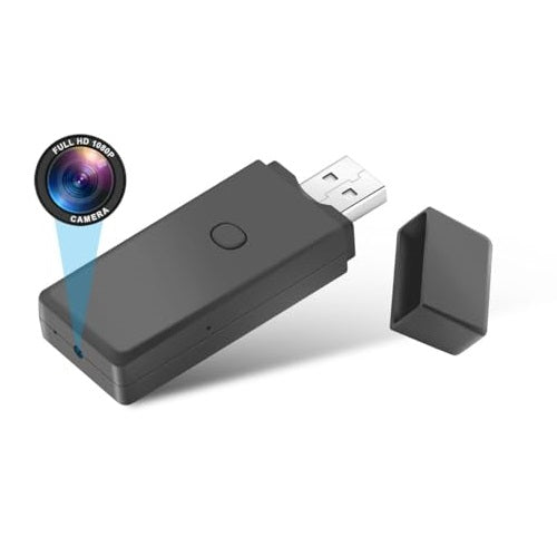 The SpyCam Flash Drive is black with a removable cap, features a small camera lens, and is labeled as a full HD 1080p hidden camera flash drive.
