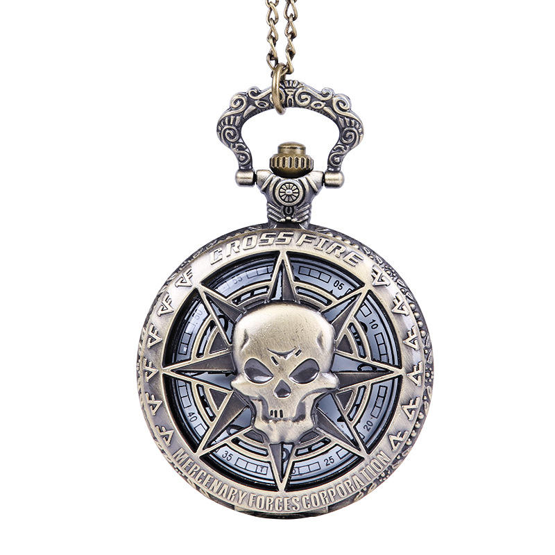 The Skeleton Pocket Watch features a compass design, a bold skull at its center, and displays "Crossfire" and "Mercenary Forces Corporation" on its face for a distinctive vintage look.