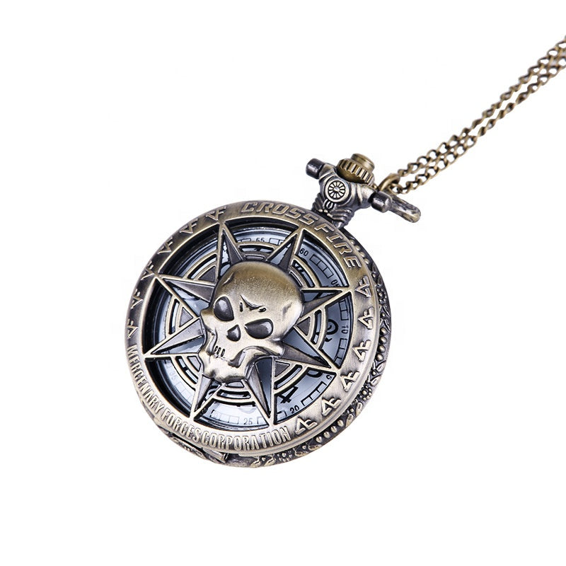 The Skeleton Pocket Watch features a skull and star cover design with "CROSSFIRE" embossed on the edge, complete with a chain—an engraved pocket watch showcasing striking antique style.