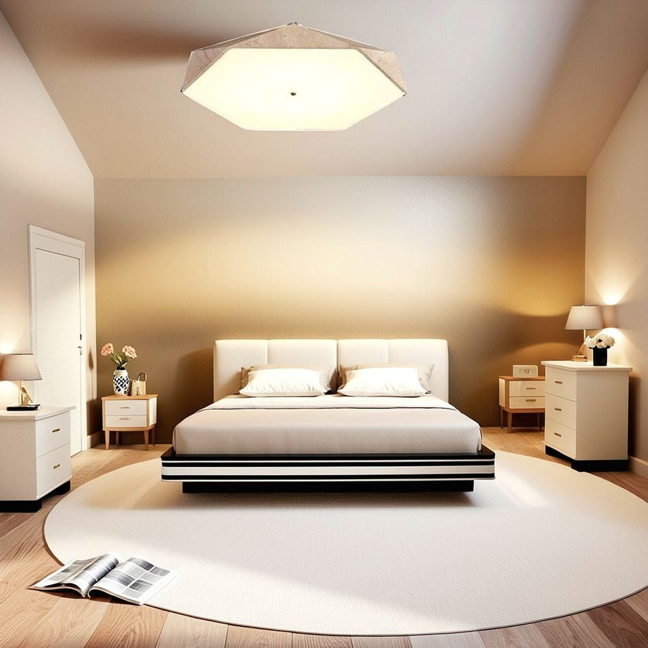 A modern bedroom features a large bed, two nightstands with lamps, a round rug, and an open book on the floor. Soft lighting, enhanced by the Natural Stone Ceiling Light, blends minimalist decor with subtle wabi-sabi lighting elements to create a serene and inviting atmosphere.