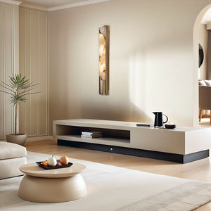 Modern living room with a low beige TV stand, round coffee table, potted plant, and wall art in neutral tones and minimalist decor. The Luxury Marble Wall Sconce introduces an elegant touch to the space, enhancing its sophisticated atmosphere.