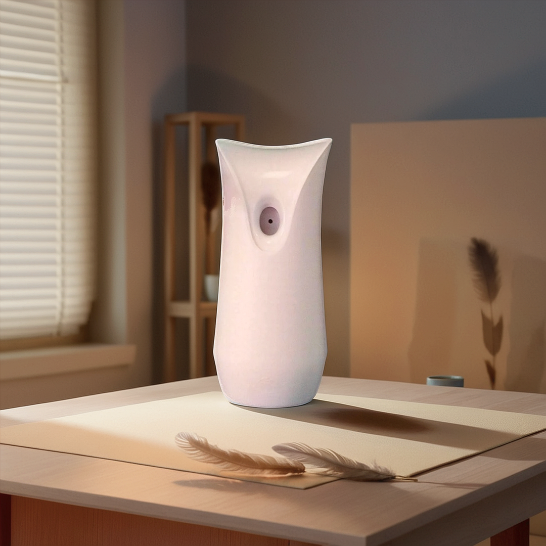 A White Decorative Display SpyCam blends seamlessly into its softly lit surroundings on a wooden table, resembling a vase. Perfect for a discreet 007 operation, the feathers and shadows add to its mystique.