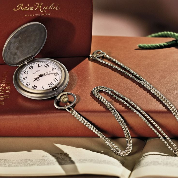The Dragon Pocket Watch with a silver chain lies on an open book, accompanied by a closed book and a green ribbon to enhance the scene’s classic charm.