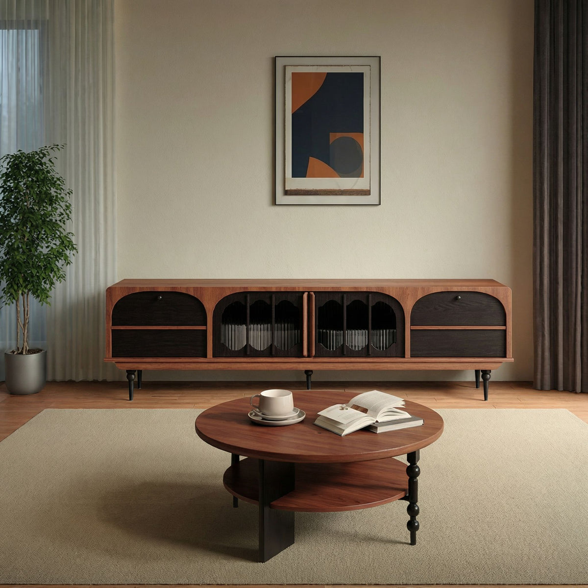 A modern living room featuring a round wooden coffee table, a cup and open book, the Antique TV Cabinet Combo Set, framed abstract artwork, a potted plant, and neutral curtains.