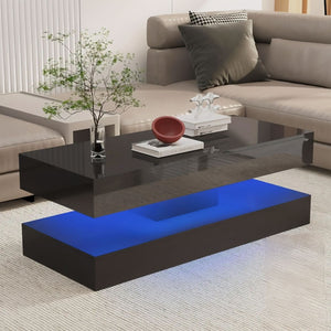 The Premium Coffee Table features a glossy marble-look finish, blue LED lighting, and hidden storage, styled with a small plant in a neutral-toned living room.