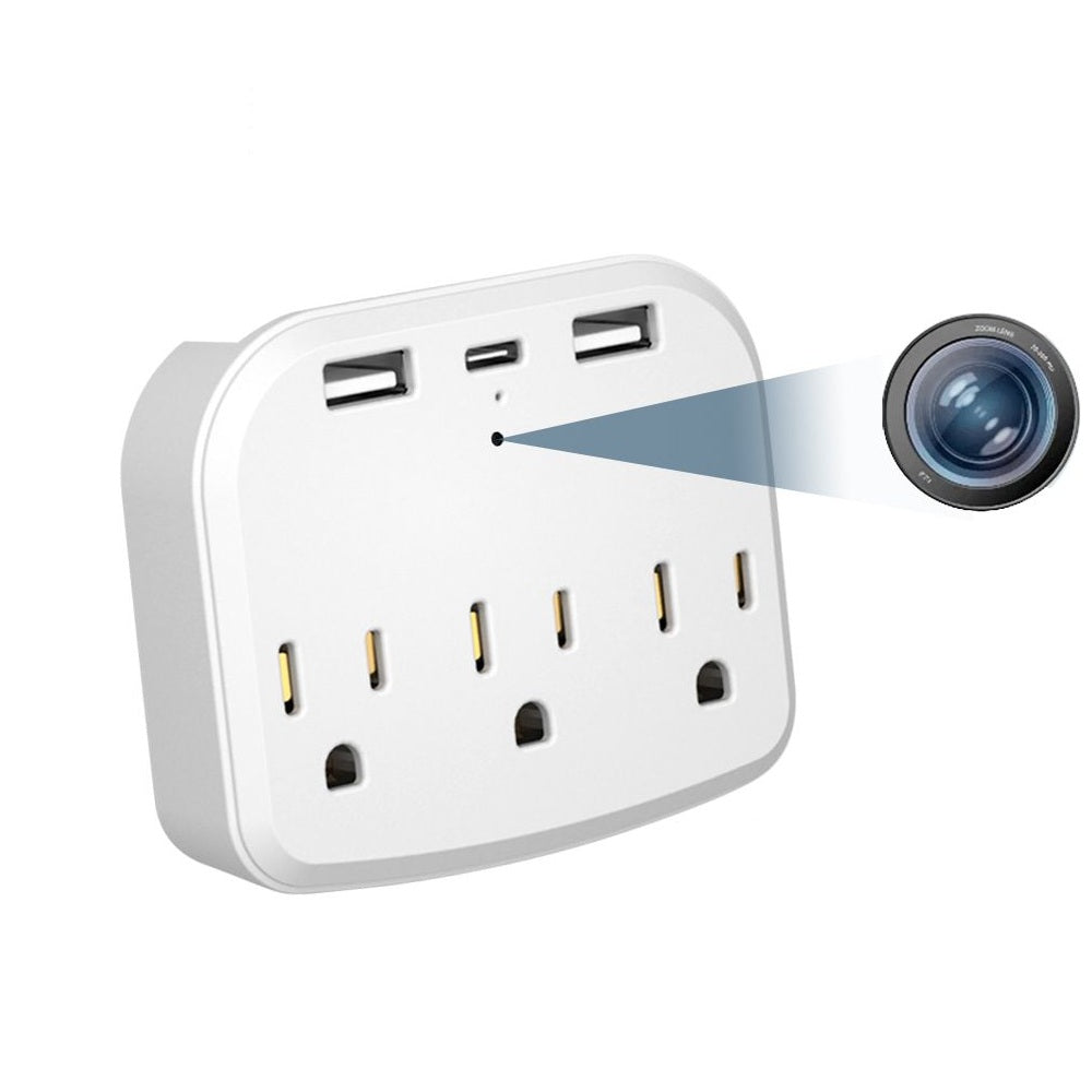 The US Outlet SpyCam power adapter discreetly integrates a hidden camera lens while providing HD clarity, with three outlets and two USB ports.