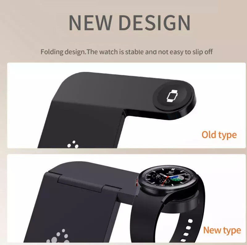 Comparison of a watch stand design: the top shows the old type with a simple base, while the bottom showcases the Universal Charging Station SpyCam with a folding feature for enhanced stability.