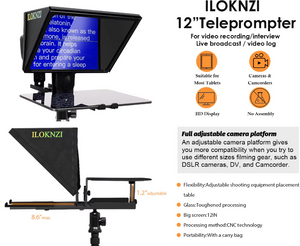 Image of the Universal Portable Teleprompter, a 12-inch device with a screen displaying text. It features a glass screen, an adjustable camera platform, and compatibility with various cameras, making it perfect for content creation.