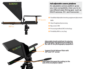 Universal Portable Teleprompter with detailed features, such as quick release plate support, flexible height adjustment, and an adaptable flat panel to suit various photography equipment. Perfect for content creation setups, it effortlessly integrates a portable teleprompter for smooth script management.